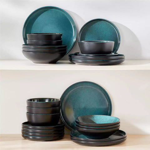 A glossy teal 24-piece stoneware dinnerware set from the Playa collection - featuring farmhouse charm with plates and bowls for 6 people-vancasso