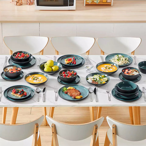 A glossy teal 24-piece stoneware dinnerware set from the Playa collection - featuring farmhouse charm with plates and bowls for 6 people-vancasso