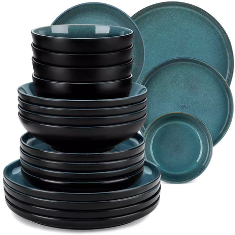 A glossy teal 24-piece stoneware dinnerware set from the Playa collection - featuring farmhouse charm with plates and bowls for 6 people-vancasso