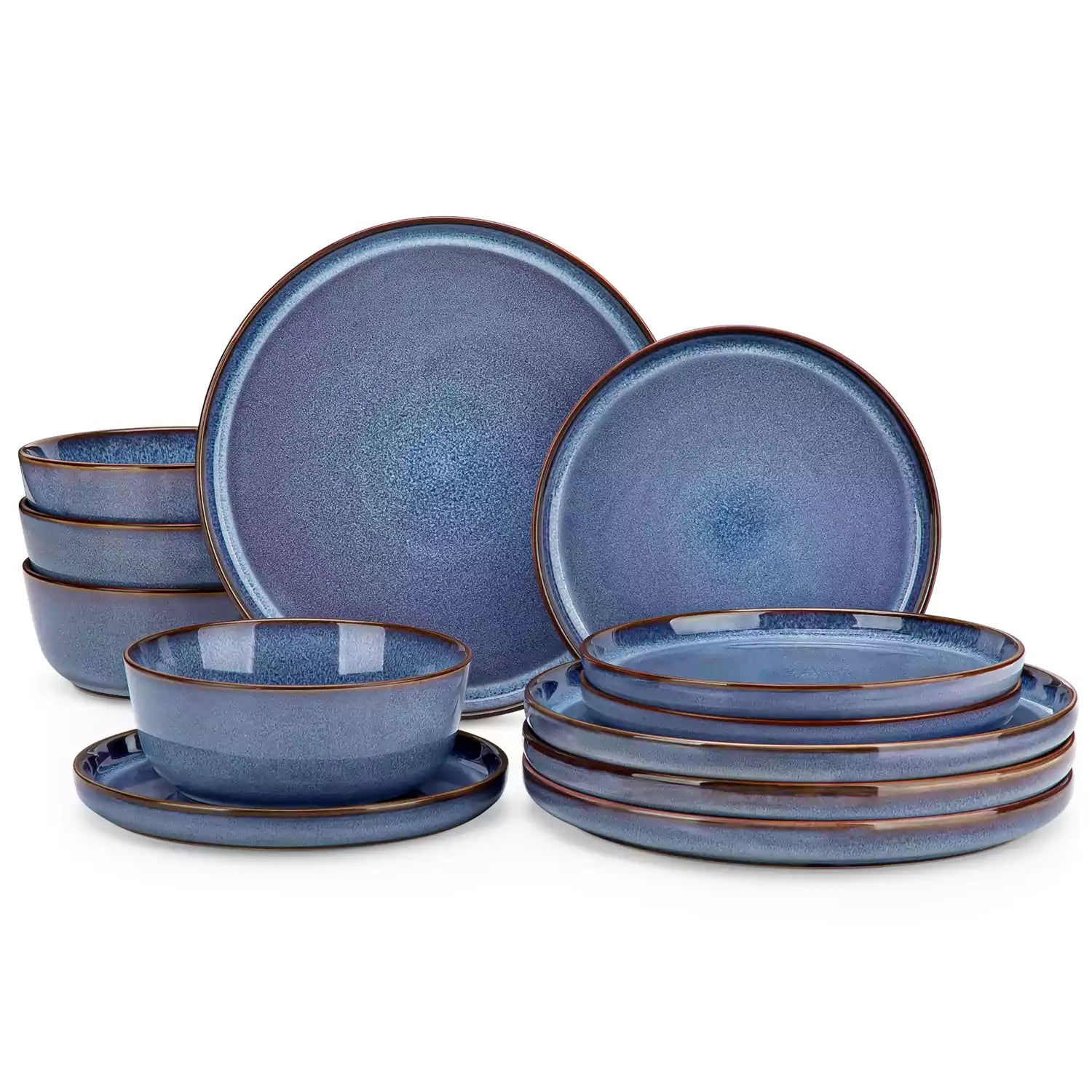 Sata blue stoneware 12 piece dinnerware set with dinner plates salad plates and cereal bowls styled with gold cutlery on textured surface farmhouse reactive glaze lipped edge service for 4