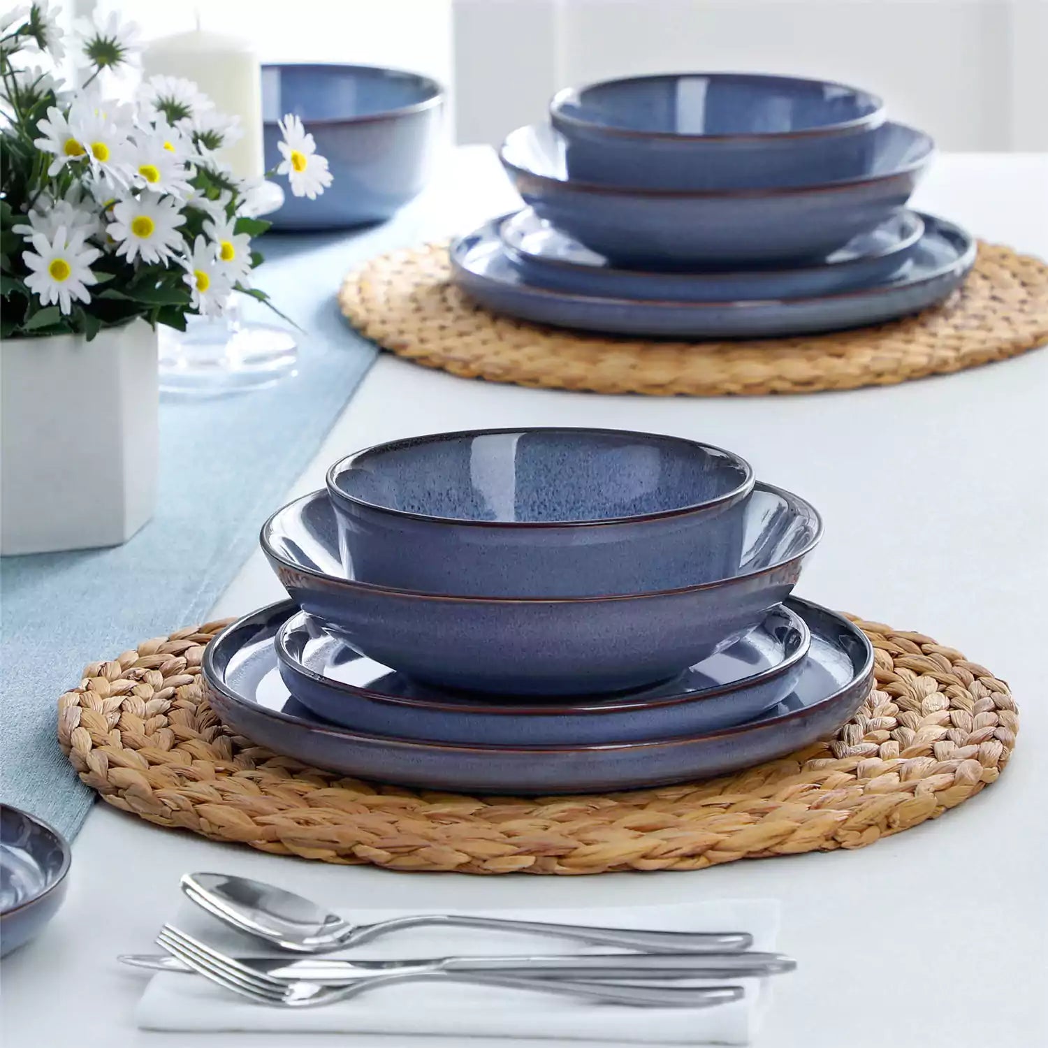 Sata blue stoneware dinnerware set 16 piece service for 4 assorted dishes with food on lipped edge reactive glaze plates farmhouse style white table setting