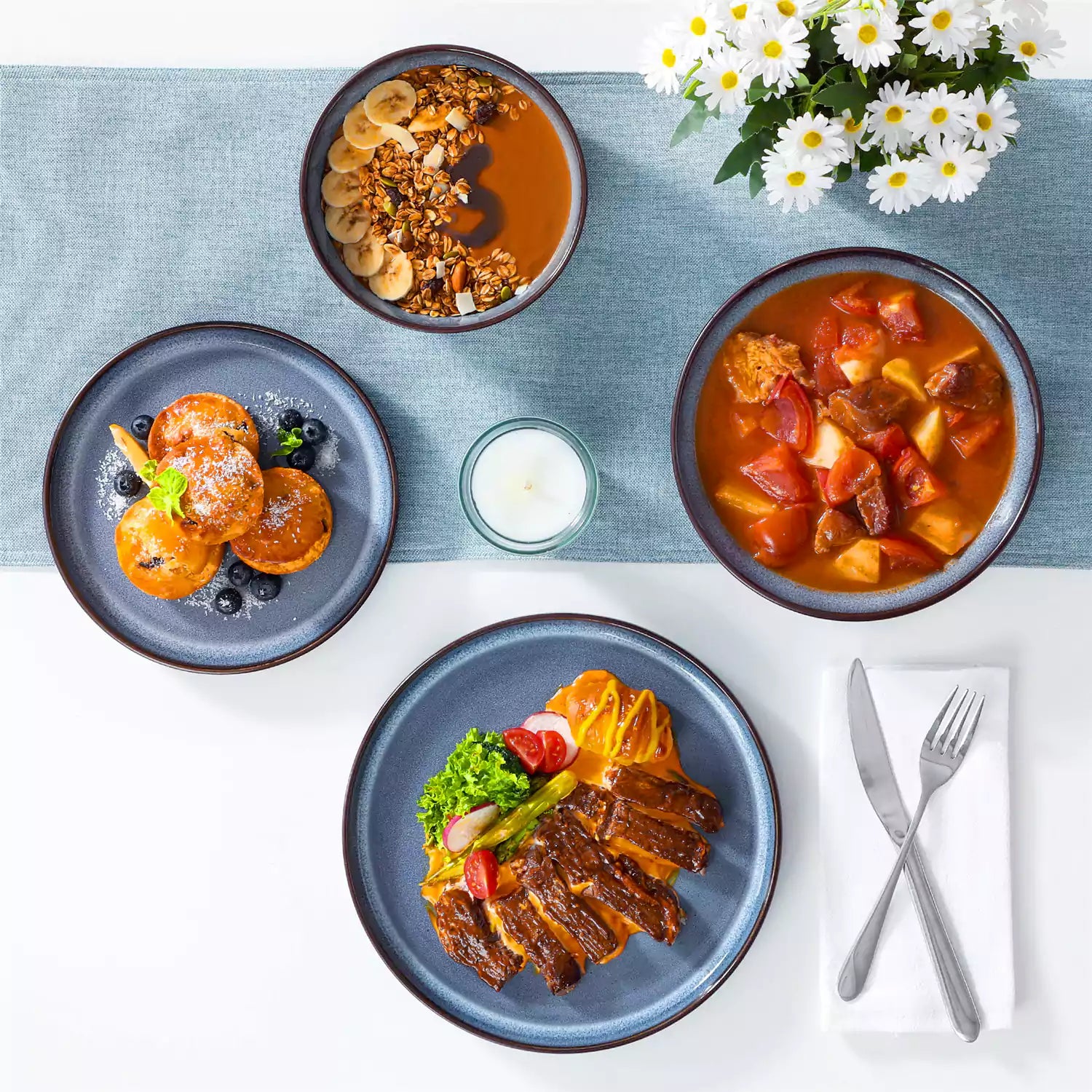 Sata blue stoneware dinnerware set 16 piece service for 4 assorted dishes with food on lipped edge reactive glaze plates farmhouse style white table setting