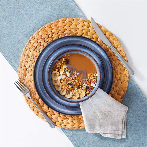 Sata blue stoneware dinnerware set 16 piece service for 4 assorted dishes with food on lipped edge reactive glaze plates farmhouse style white table setting