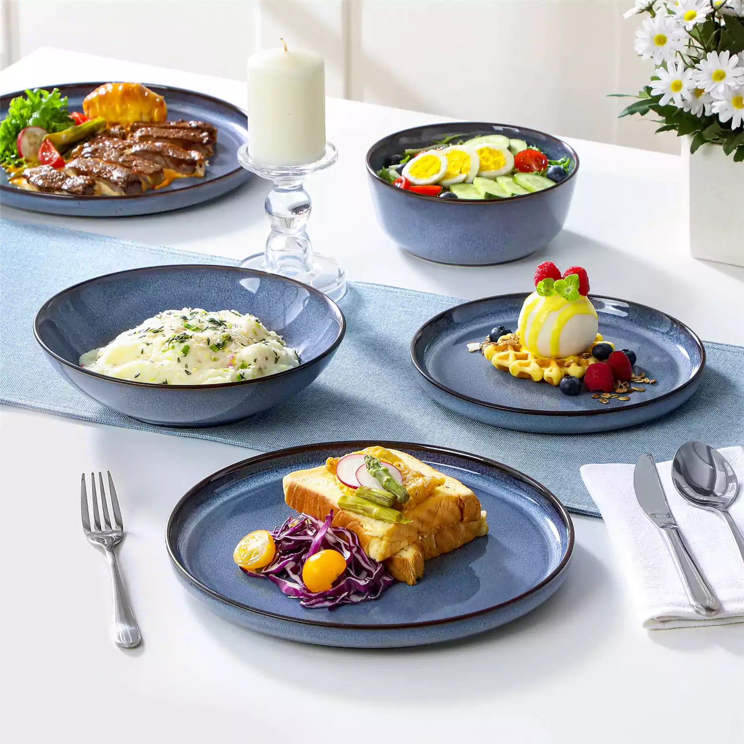 Sata blue stoneware dinnerware set 16 piece service for 4 assorted dishes with food on lipped edge reactive glaze plates farmhouse style white table setting