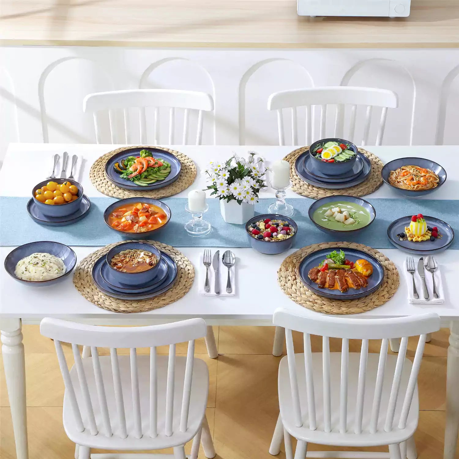 Sata blue stoneware dinnerware set 16 piece service for 4 assorted dishes with food on lipped edge reactive glaze plates farmhouse style white table setting