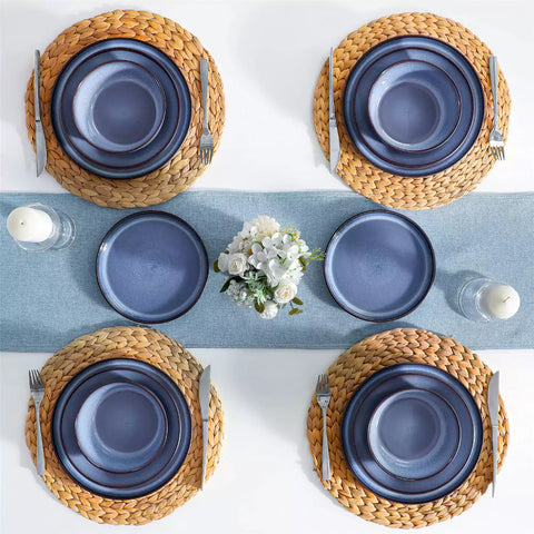 Sata blue stoneware dinnerware set 16 piece service for 4 assorted dishes with food on lipped edge reactive glaze plates farmhouse style white table setting