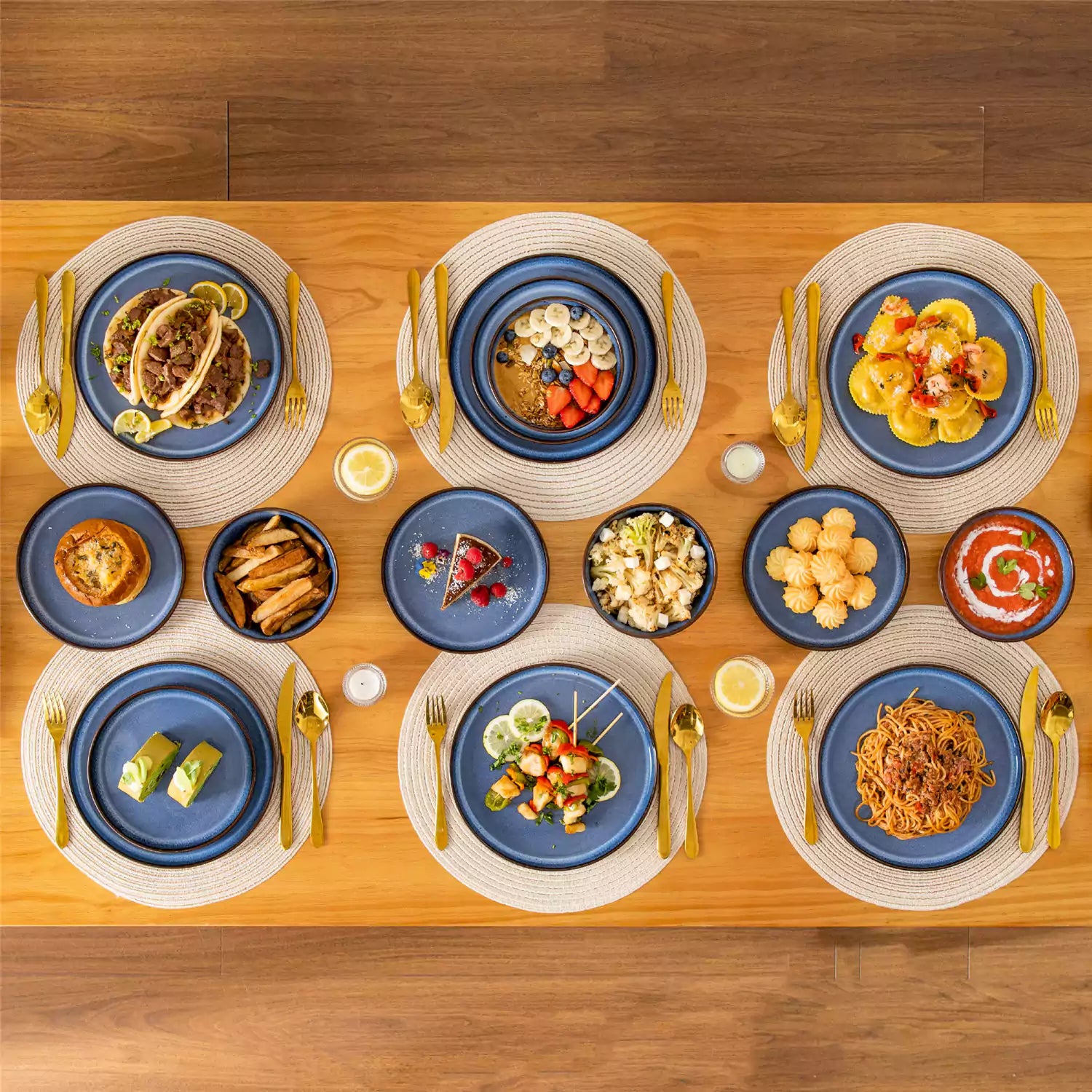 Sata blue stoneware 18 piece dinnerware set with dinner plates salad plates and cereal bowls styled on a wooden table with diverse meal setup farmhouse reactive glaze lipped edge service for 6