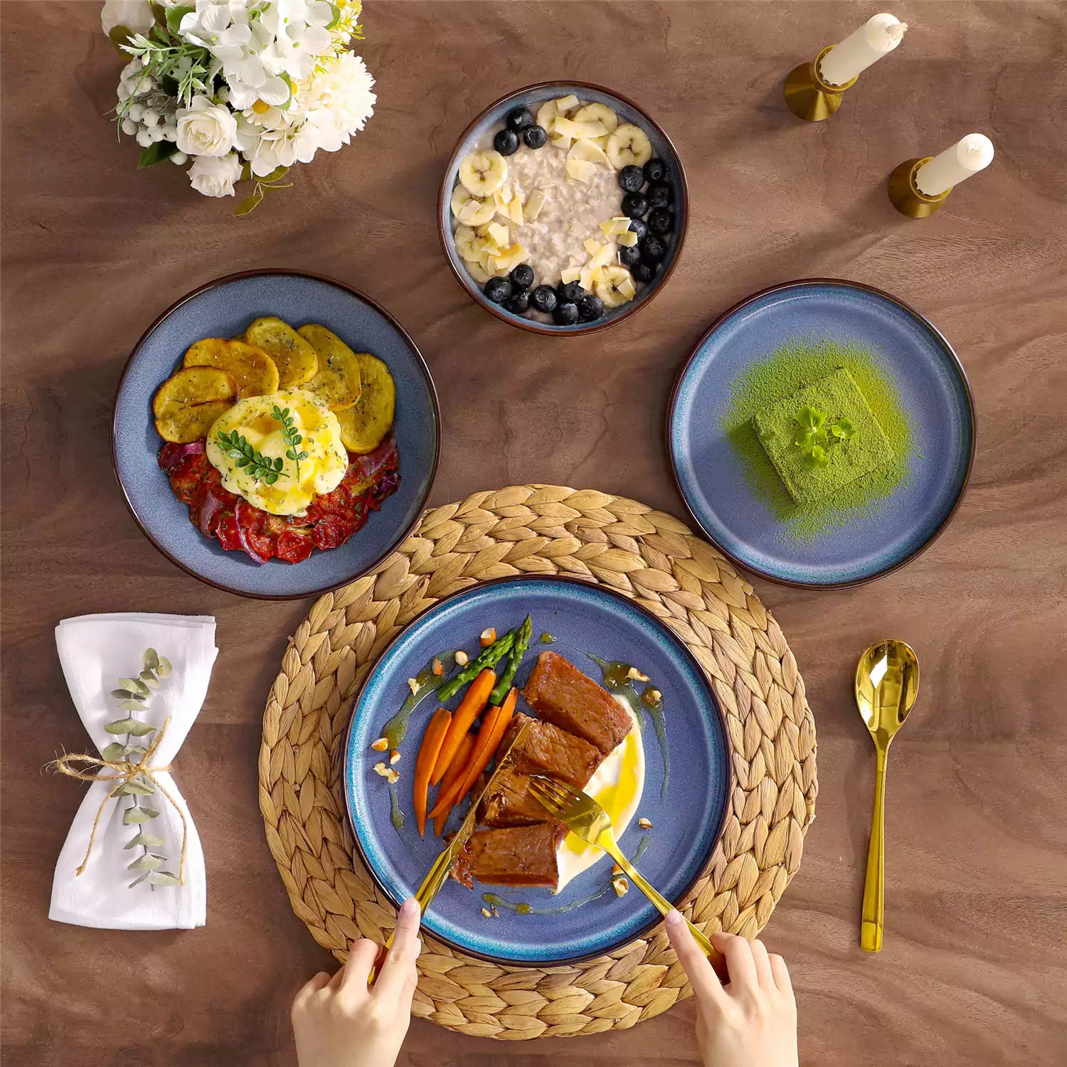Sata blue stoneware dinnerware set styled dining table with dinner plates salad plates pasta bowls cereal bowls silverware and floral centerpiece farmhouse reactive glaze service for 6