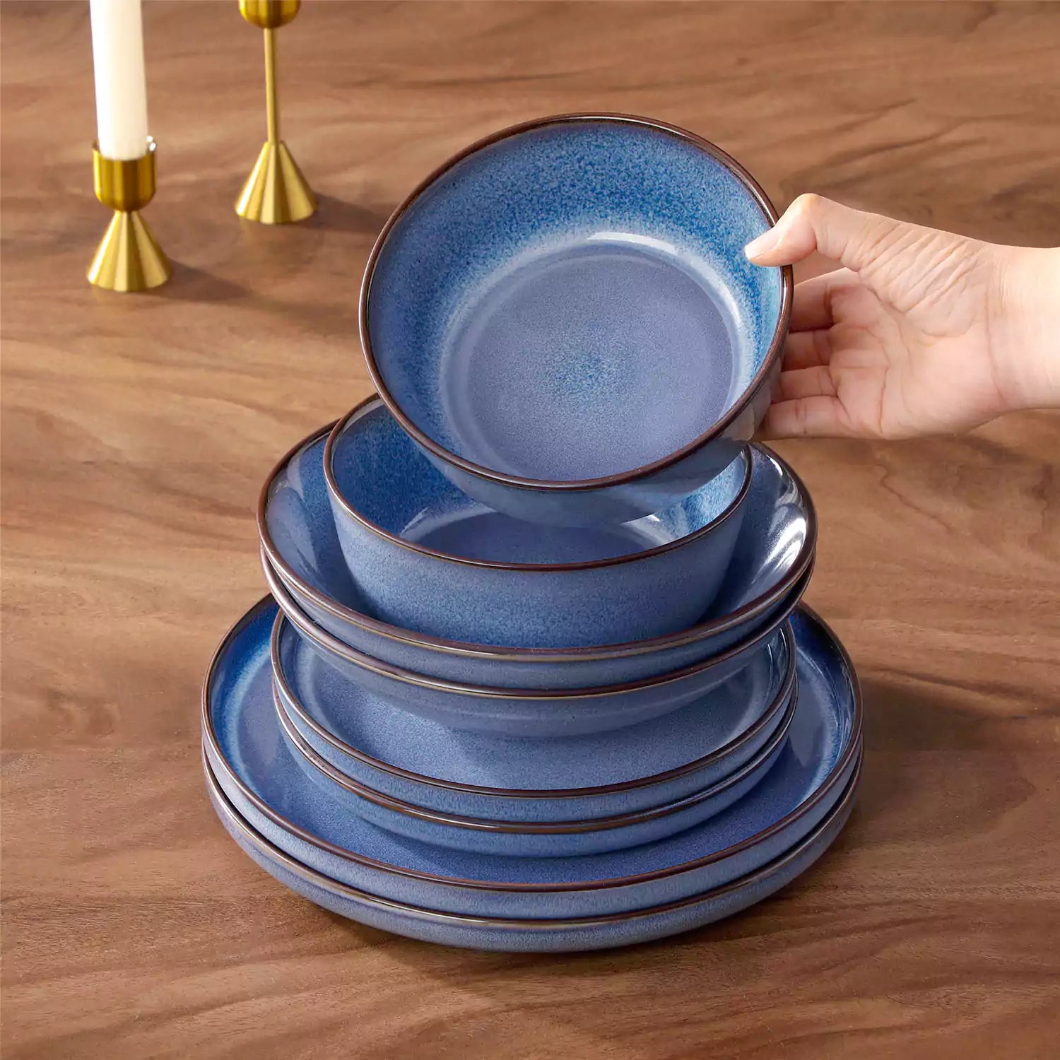 Sata blue stoneware dinnerware set styled dining table with dinner plates salad plates pasta bowls cereal bowls silverware and floral centerpiece farmhouse reactive glaze service for 6