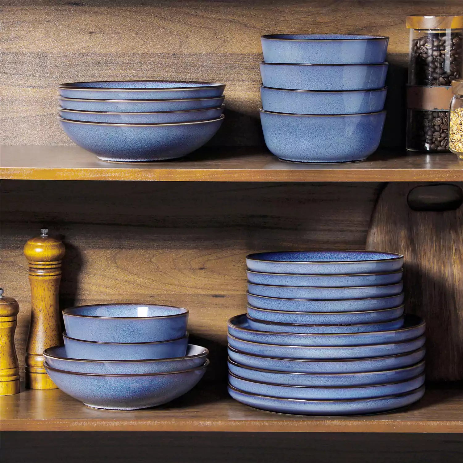 Sata blue stoneware dinnerware set styled dining table with dinner plates salad plates pasta bowls cereal bowls silverware and floral centerpiece farmhouse reactive glaze service for 6