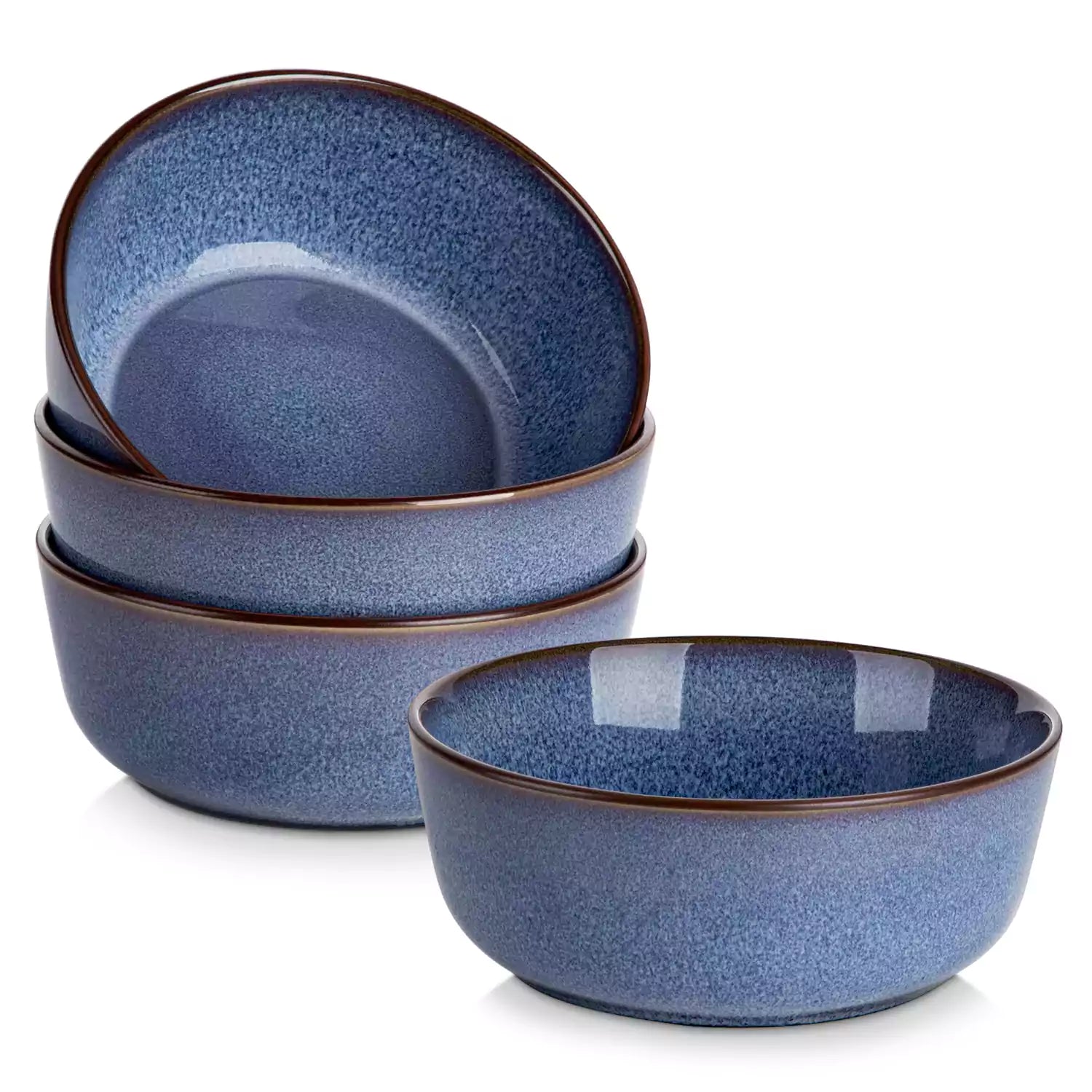 Sata blue stoneware cereal bowls set of 4 with assorted meals styled on a wooden table with lace tablecloth farmhouse reactive glaze lipped edge artisan finish