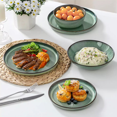 Sata green stoneware dinnerware set 16 piece service for 4 assorted dishes with food on lipped edge reactive glaze plates farmhouse style white table setting