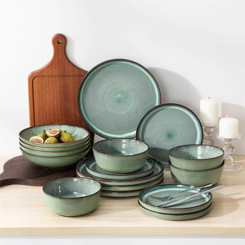 Sata green stoneware dinnerware set 16 piece service for 4 assorted dishes with food on lipped edge reactive glaze plates farmhouse style white table setting