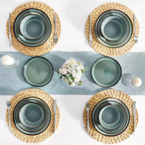 Sata green stoneware dinnerware set 16 piece service for 4 assorted dishes with food on lipped edge reactive glaze plates farmhouse style white table setting