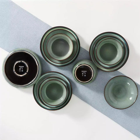 Sata green stoneware dinnerware set 16 piece service for 4 assorted dishes with food on lipped edge reactive glaze plates farmhouse style white table setting