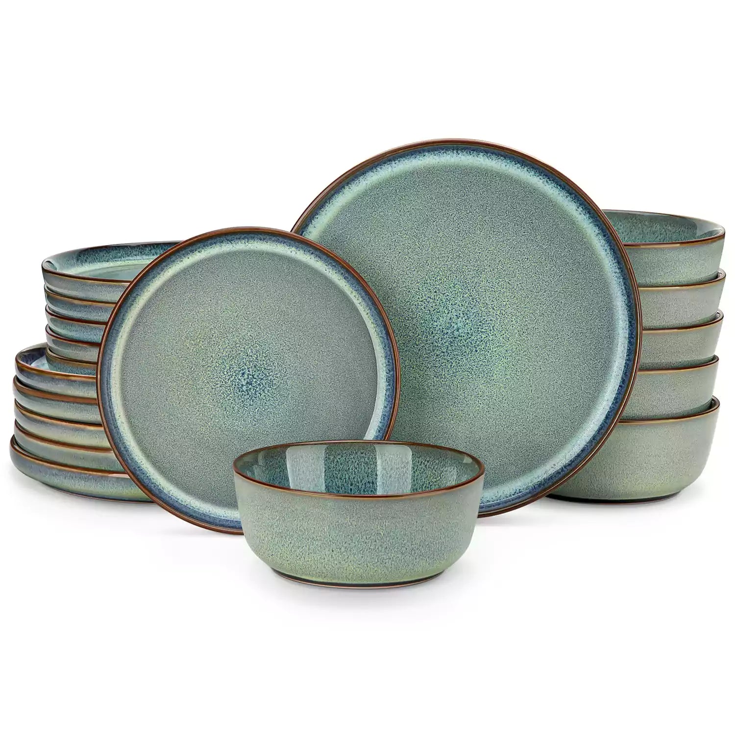 Sata green stoneware 18 piece dinnerware set with dinner plates salad plates and cereal bowls styled on a wooden table with diverse meal setup farmhouse reactive glaze lipped edge service for 6