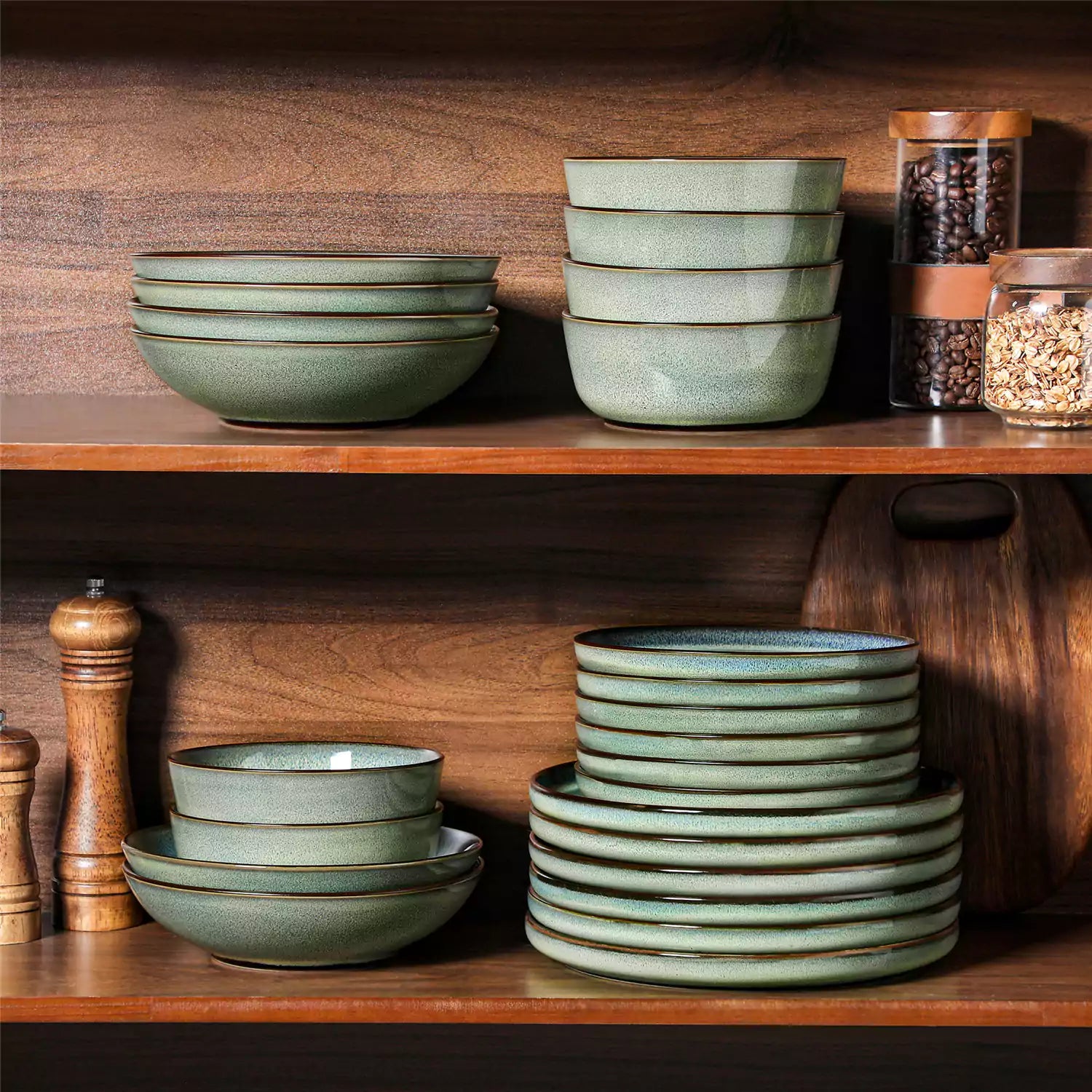 Sata green stoneware dinnerware set styled dining table with dinner plates salad plates pasta bowls cereal bowls silverware and floral centerpiece farmhouse reactive glaze service for 6