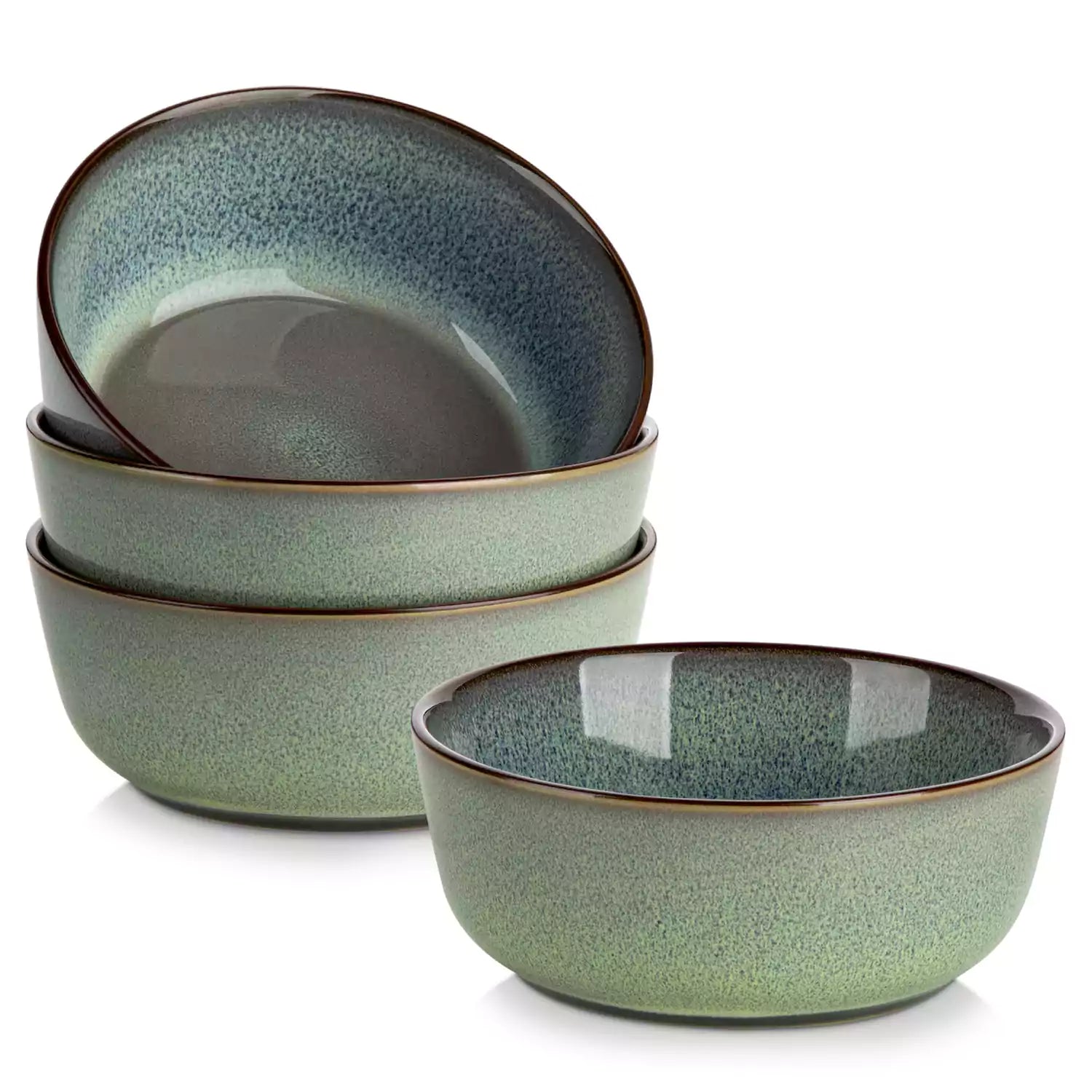 Sata green stoneware cereal bowls set of 4 with assorted meals styled on a wooden table with lace tablecloth farmhouse reactive glaze lipped edge artisan finish