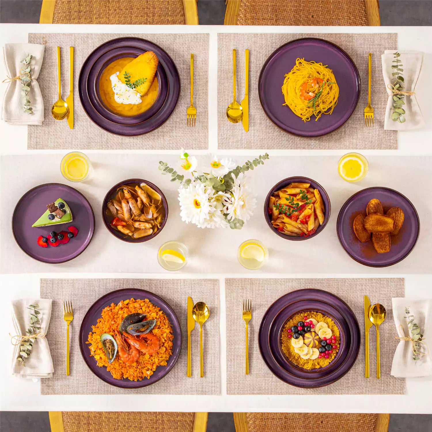 Sata purple stoneware 12 piece dinnerware set with dinner plates salad plates and cereal bowls styled with gold cutlery on textured surface farmhouse reactive glaze lipped edge service for 4