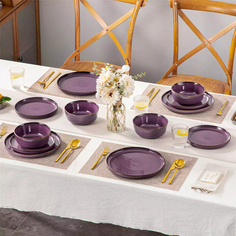 Sata purple stoneware 12 piece dinnerware set with dinner plates salad plates and cereal bowls styled with gold cutlery on textured surface farmhouse reactive glaze lipped edge service for 4