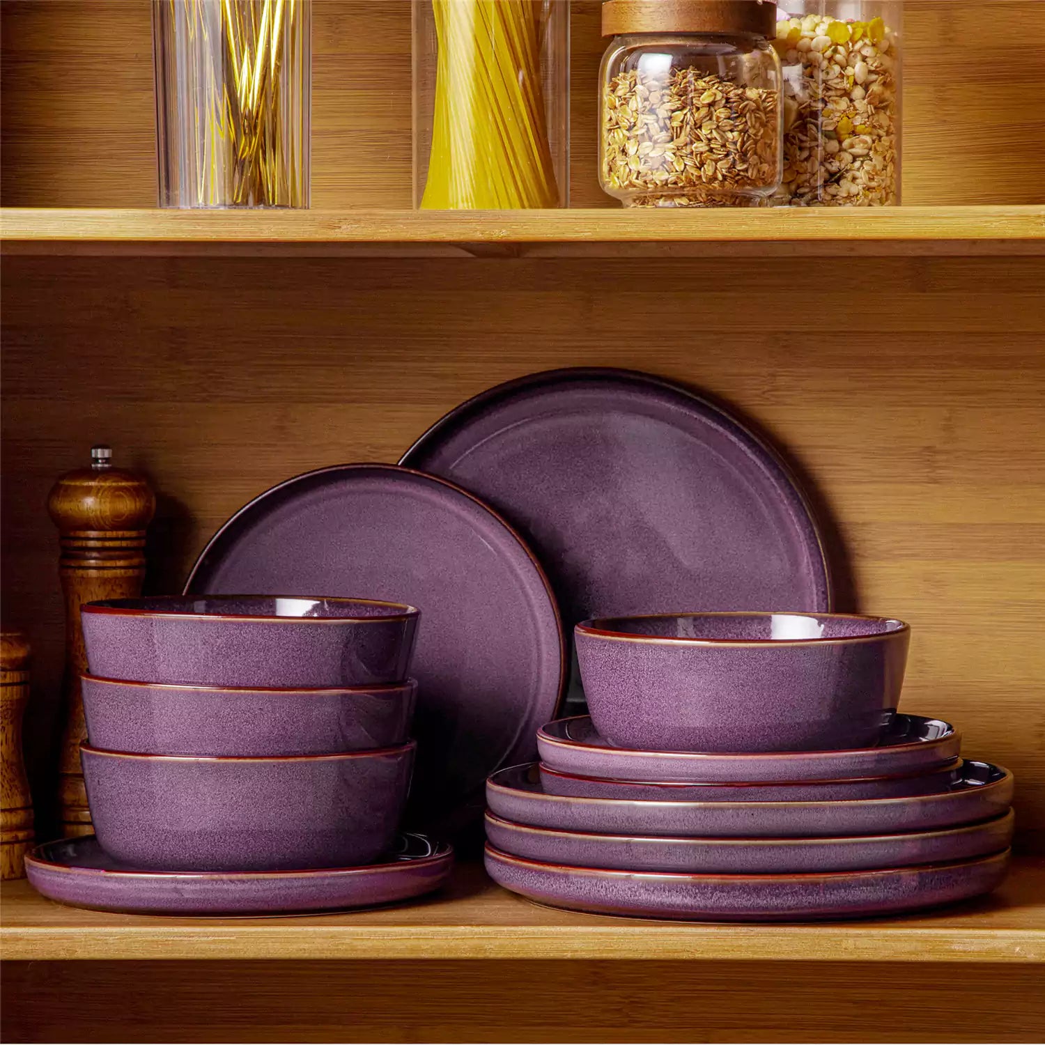 Sata purple stoneware 12 piece dinnerware set with dinner plates salad plates and cereal bowls styled with gold cutlery on textured surface farmhouse reactive glaze lipped edge service for 4