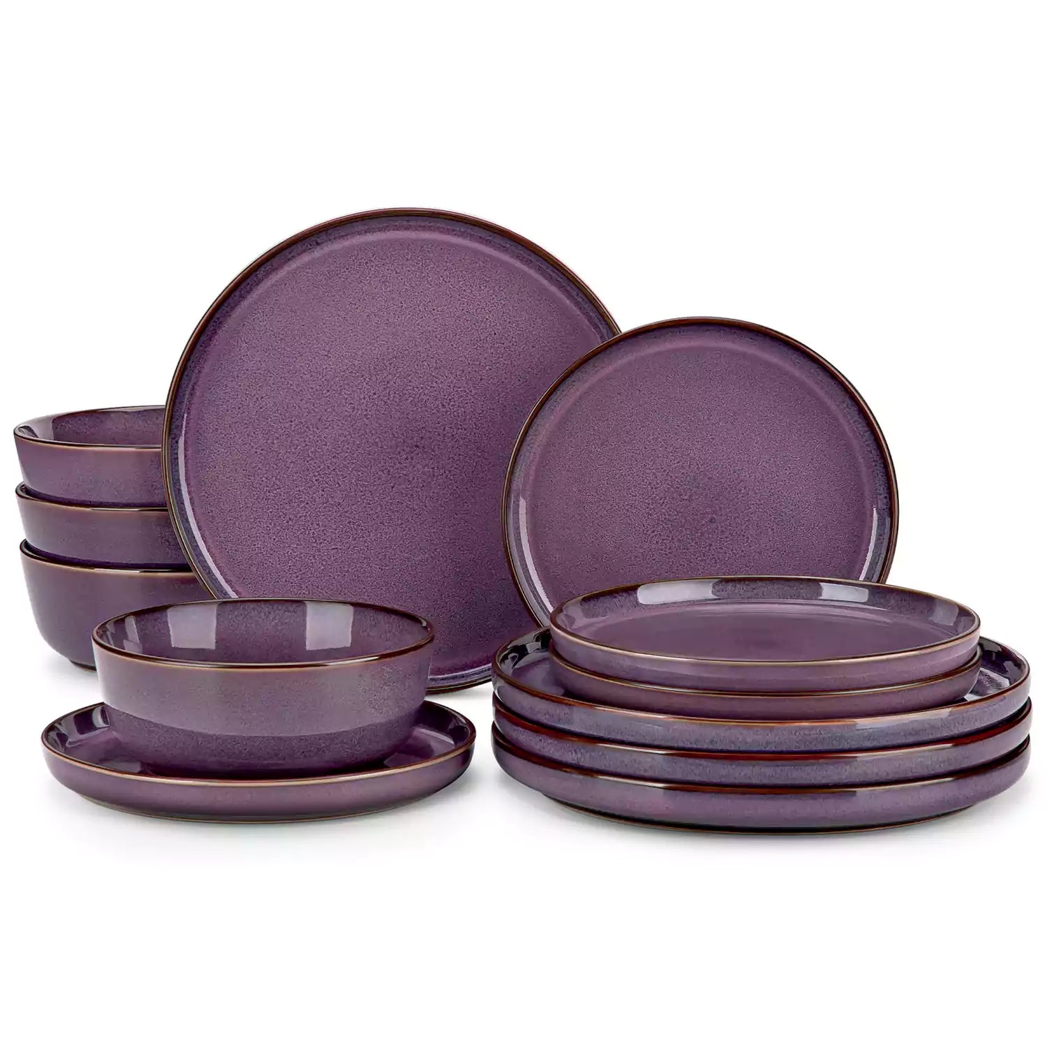 Sata purple stoneware 12 piece dinnerware set with dinner plates salad plates and cereal bowls styled with gold cutlery on textured surface farmhouse reactive glaze lipped edge service for 4