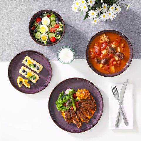 Sata purple stoneware dinnerware set 16 piece service for 4 assorted dishes with food on lipped edge reactive glaze plates farmhouse style white table setting