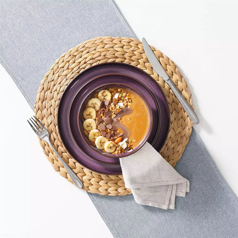 Sata purple stoneware dinnerware set 16 piece service for 4 assorted dishes with food on lipped edge reactive glaze plates farmhouse style white table setting