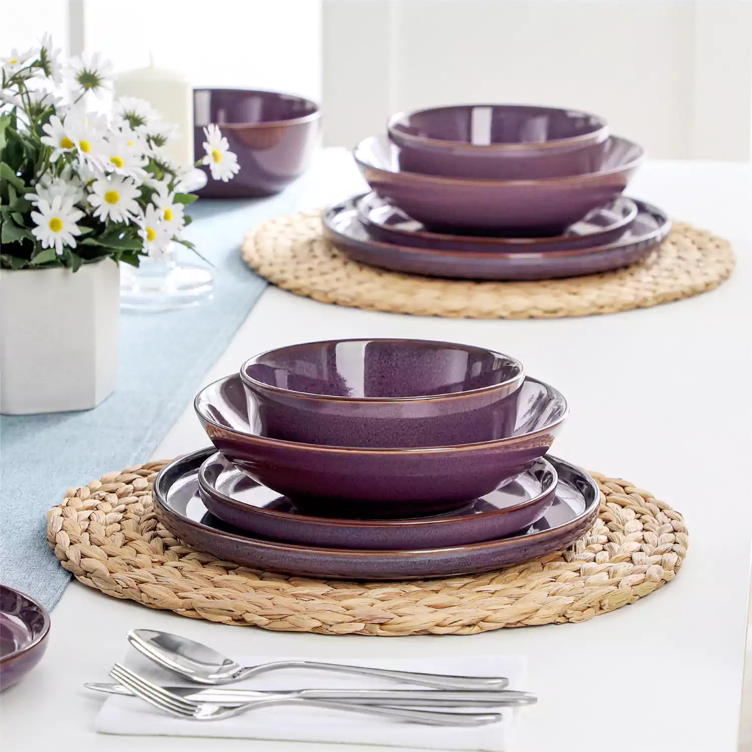 Sata purple stoneware dinnerware set 16 piece service for 4 assorted dishes with food on lipped edge reactive glaze plates farmhouse style white table setting