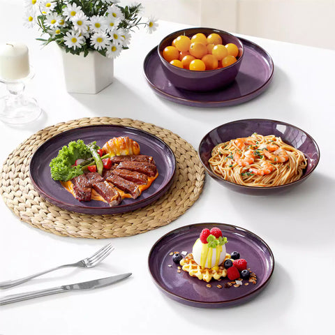 Sata purple stoneware dinnerware set 16 piece service for 4 assorted dishes with food on lipped edge reactive glaze plates farmhouse style white table setting