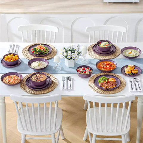 Sata purple stoneware dinnerware set 16 piece service for 4 assorted dishes with food on lipped edge reactive glaze plates farmhouse style white table setting