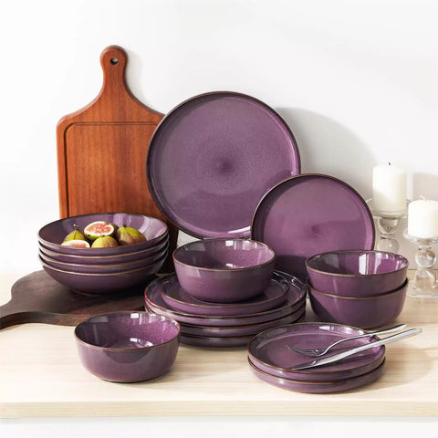 Sata purple stoneware dinnerware set 16 piece service for 4 assorted dishes with food on lipped edge reactive glaze plates farmhouse style white table setting