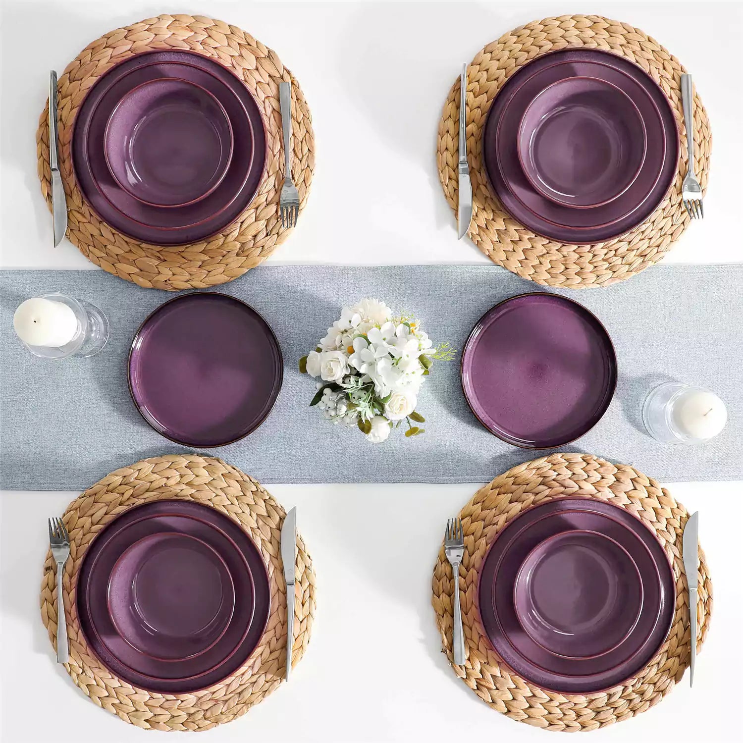 Sata purple stoneware dinnerware set 16 piece service for 4 assorted dishes with food on lipped edge reactive glaze plates farmhouse style white table setting