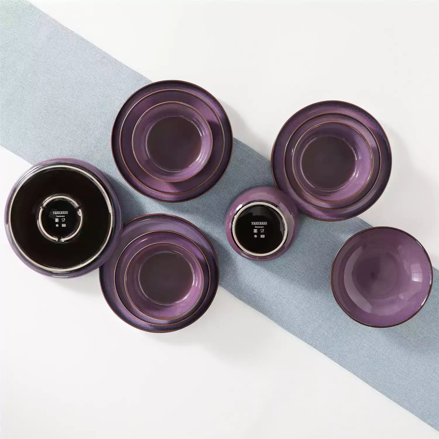 Sata purple stoneware dinnerware set 16 piece service for 4 assorted dishes with food on lipped edge reactive glaze plates farmhouse style white table setting