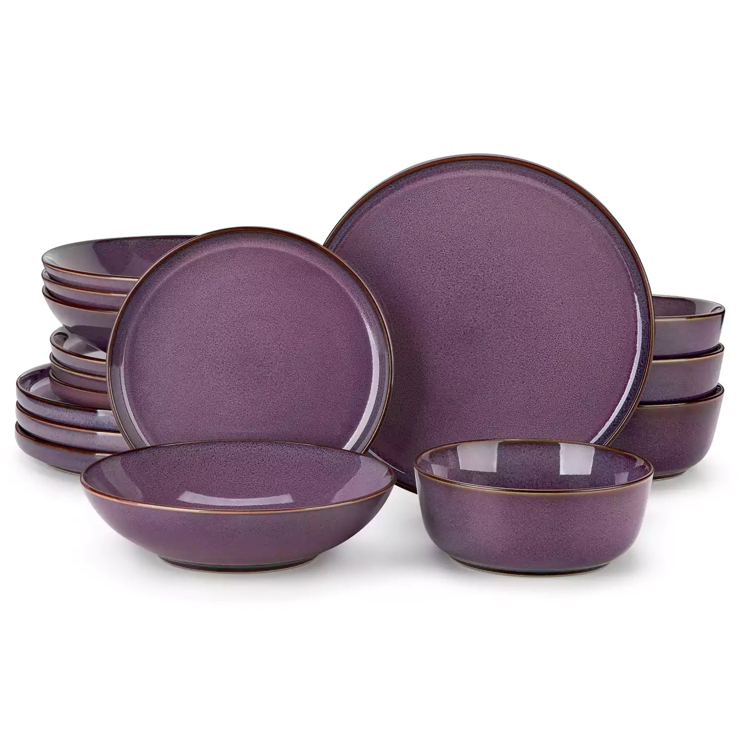 Sata purple stoneware dinnerware set 16 piece service for 4 assorted dishes with food on lipped edge reactive glaze plates farmhouse style white table setting