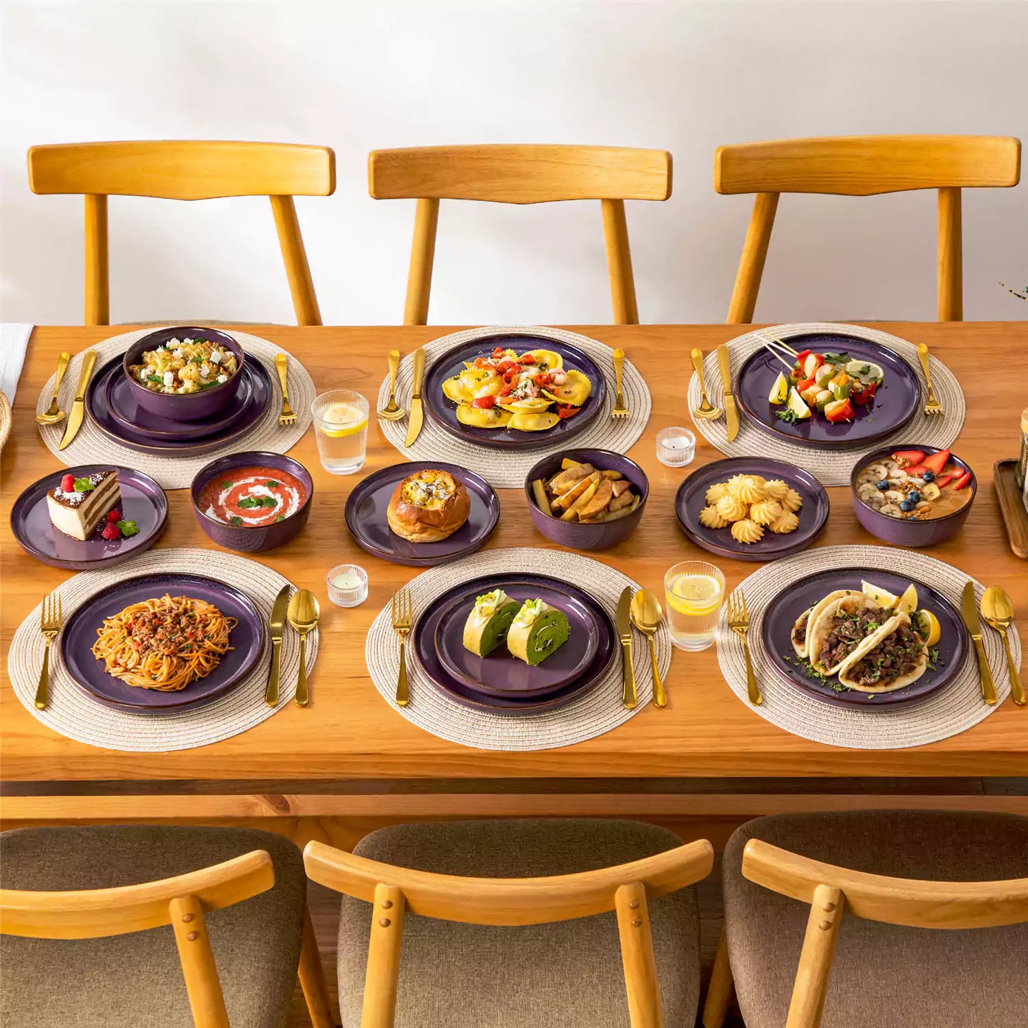 Sata purple stoneware 18 piece dinnerware set with dinner plates salad plates and cereal bowls styled on a wooden table with diverse meal setup farmhouse reactive glaze lipped edge service for 6