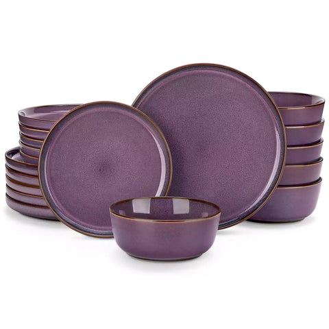Sata purple stoneware 18 piece dinnerware set with dinner plates salad plates and cereal bowls styled on a wooden table with diverse meal setup farmhouse reactive glaze lipped edge service for 6