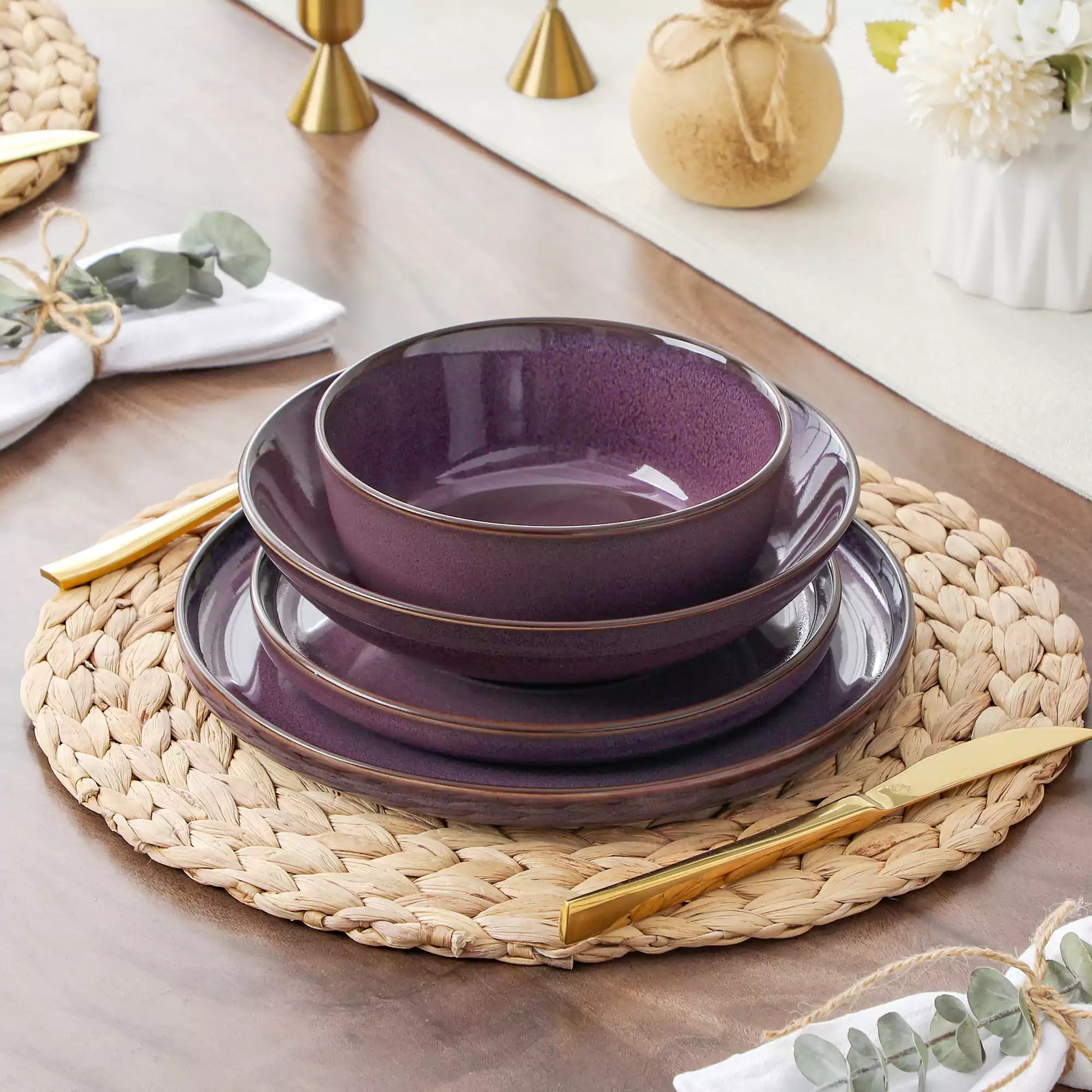 Sata purple stoneware dinnerware set styled dining table with dinner plates salad plates pasta bowls cereal bowls silverware and floral centerpiece farmhouse reactive glaze service for 6