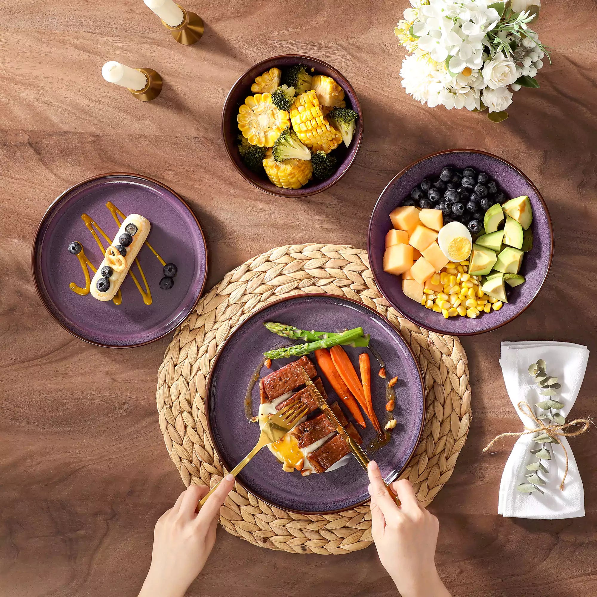 Sata purple stoneware dinnerware set styled dining table with dinner plates salad plates pasta bowls cereal bowls silverware and floral centerpiece farmhouse reactive glaze service for 6