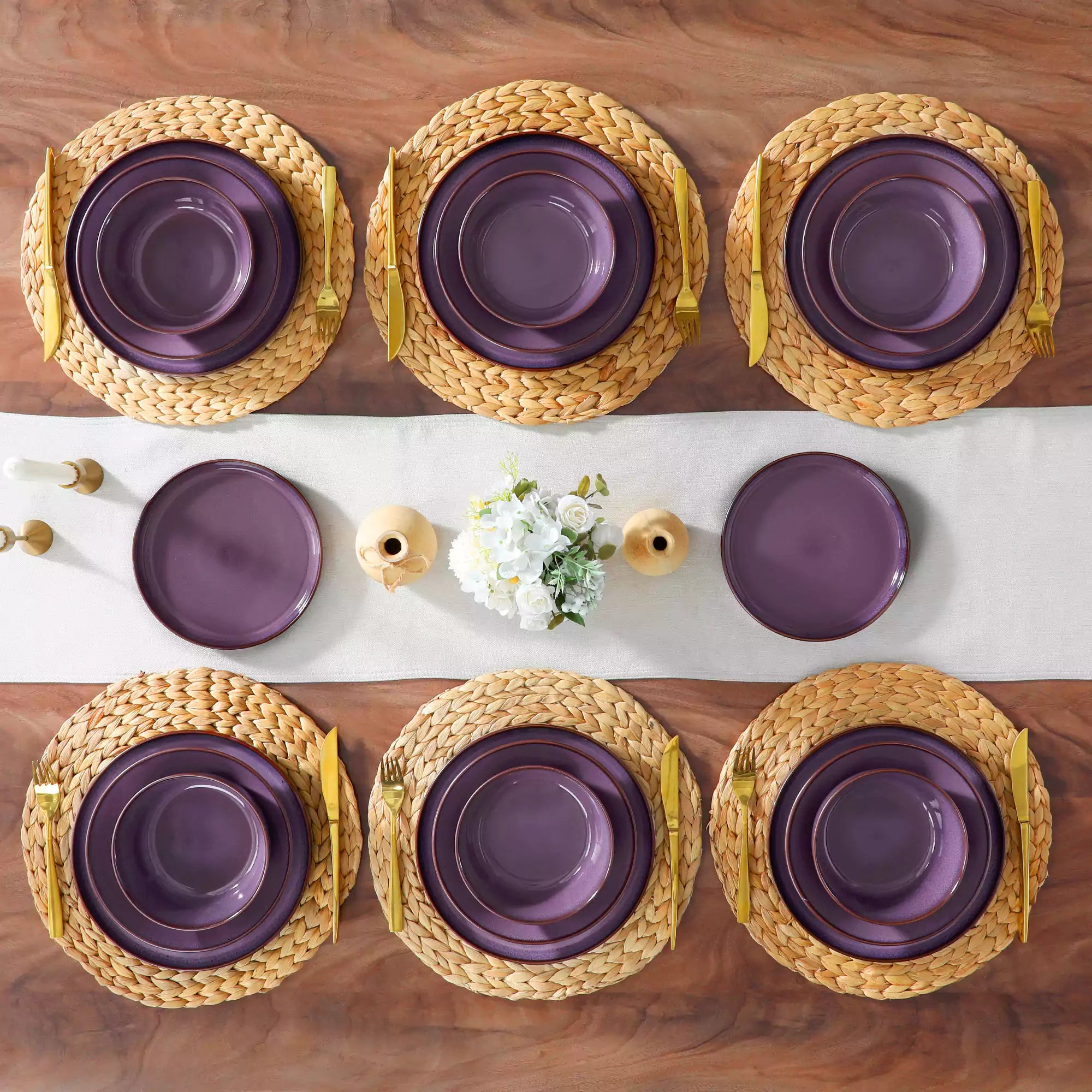 Sata purple stoneware dinnerware set styled dining table with dinner plates salad plates pasta bowls cereal bowls silverware and floral centerpiece farmhouse reactive glaze service for 6