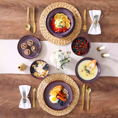 Sata purple stoneware dinnerware set styled dining table with dinner plates salad plates pasta bowls cereal bowls silverware and floral centerpiece farmhouse reactive glaze service for 6