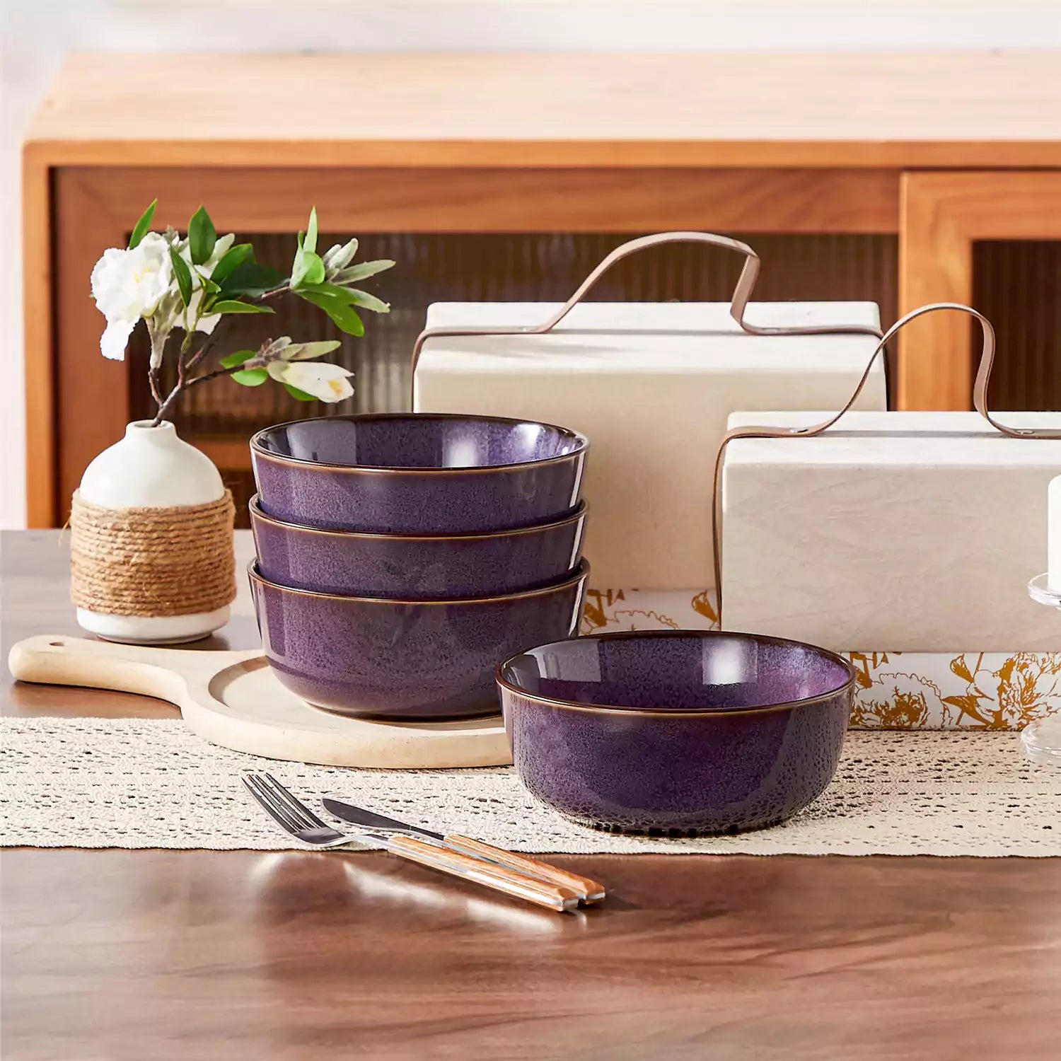 Sata purple stoneware cereal bowls set of 4 with assorted meals styled on a wooden table with lace tablecloth farmhouse reactive glaze lipped edge artisan finish