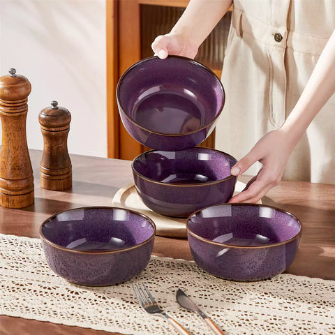 Sata purple stoneware cereal bowls set of 4 with assorted meals styled on a wooden table with lace tablecloth farmhouse reactive glaze lipped edge artisan finish
