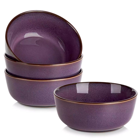 Sata purple stoneware cereal bowls set of 4 with assorted meals styled on a wooden table with lace tablecloth farmhouse reactive glaze lipped edge artisan finish