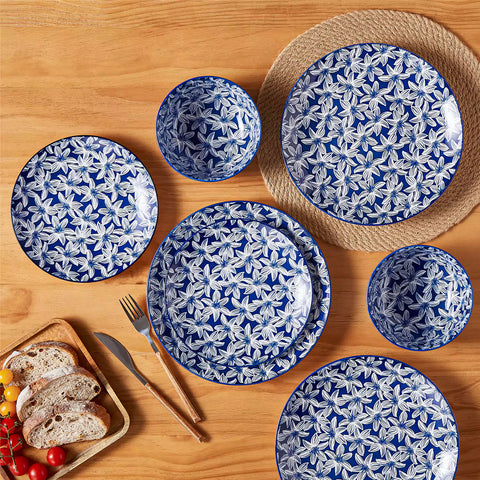 Selene 12-Piece Porcelain Dinnerware Set with blue and white Lily pattern and Japanese-inspired design - including matching plates and bowls-vancasso