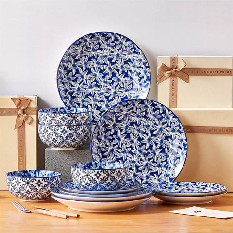 Selene 12-Piece Porcelain Dinnerware Set with blue and white Lily pattern and Japanese-inspired design - including matching plates and bowls-vancasso