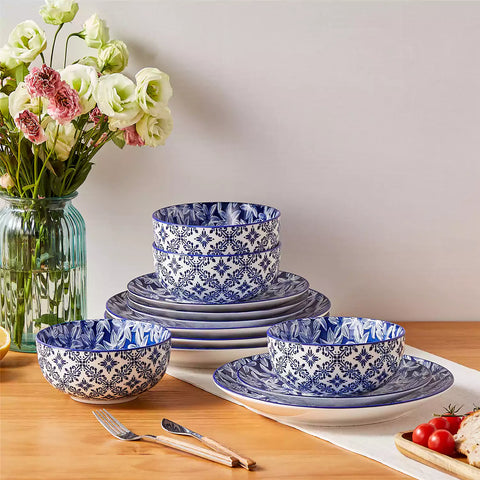 Selene 12-Piece Porcelain Dinnerware Set with blue and white Lily pattern and Japanese-inspired design - including matching plates and bowls-vancasso