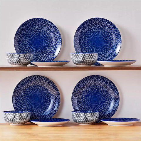 Selene 12-Piece Porcelain Dinnerware Set with blue and white Flame pattern and Japanese-inspired design -  including matching plates and bowls-vancasso