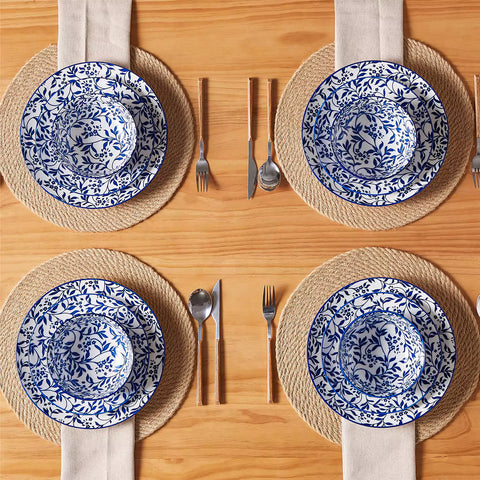 Selene 12-Piece Porcelain Dinnerware Set with blue and white Vine pattern and Japanese-inspired design - including matching plates and bowls-vancasso