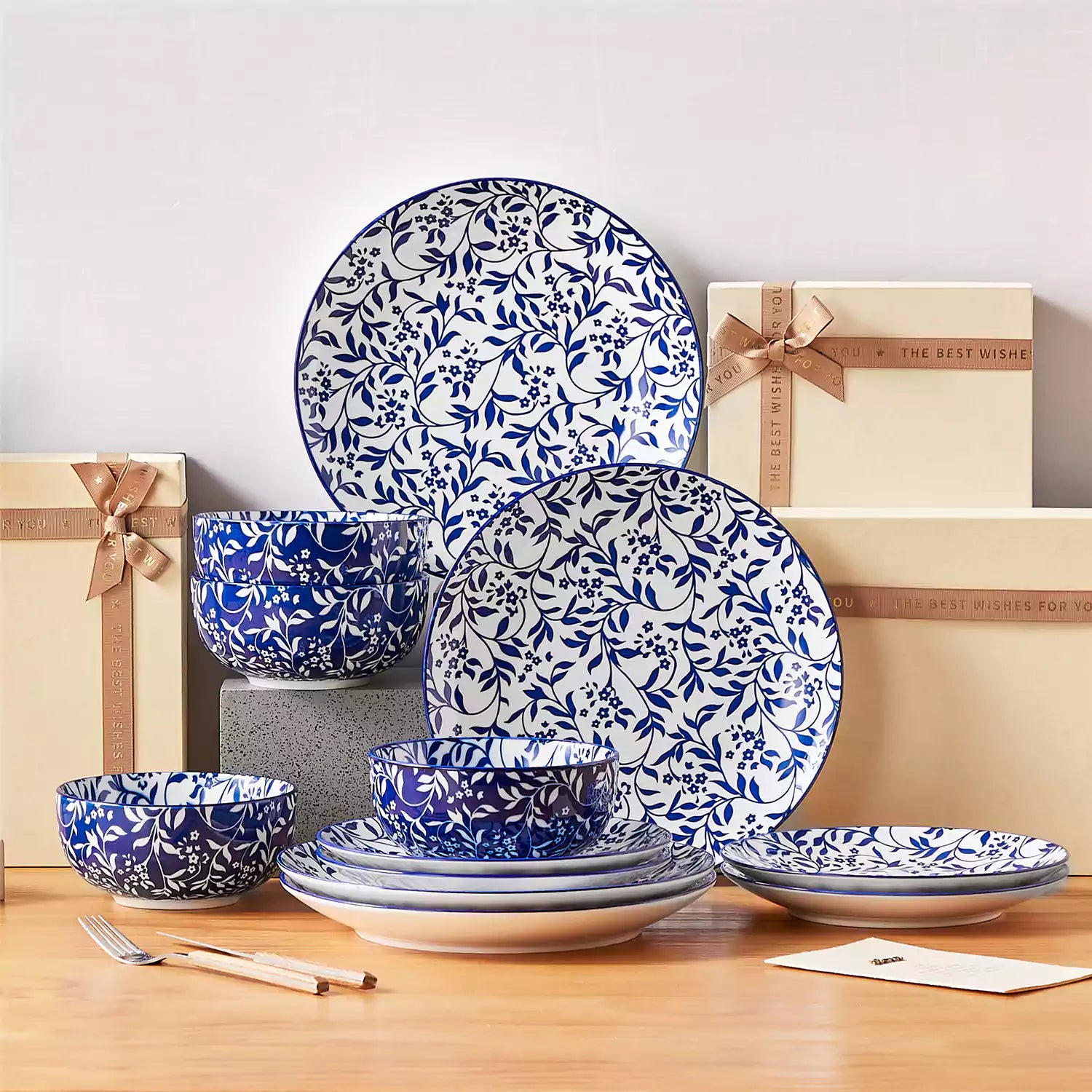 Selene 12-Piece Porcelain Dinnerware Set with blue and white Vine pattern and Japanese-inspired design - including matching plates and bowls-vancasso